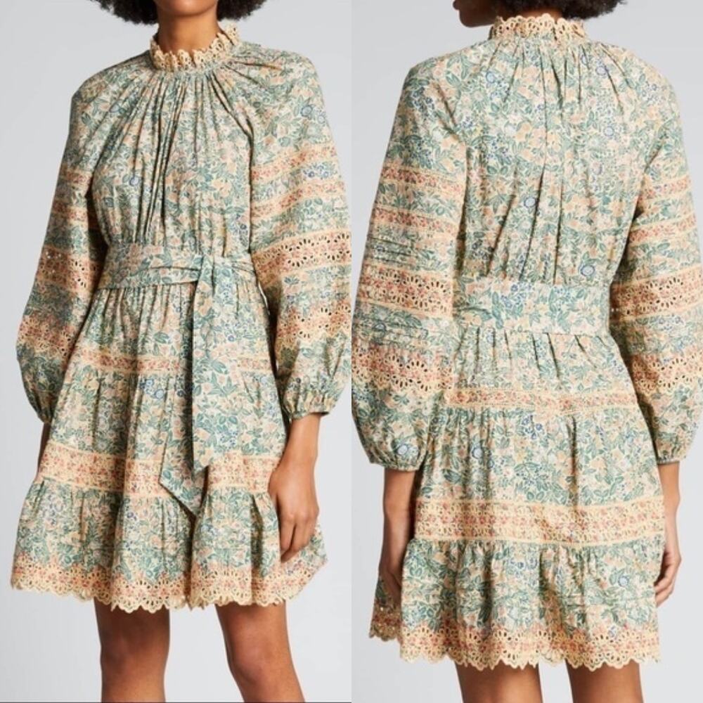 Ulla Johnson Dress Floral Cotton Mini Long Sleeve Green Pink Boho Ardith Sz 8 - Picture 2 of 14